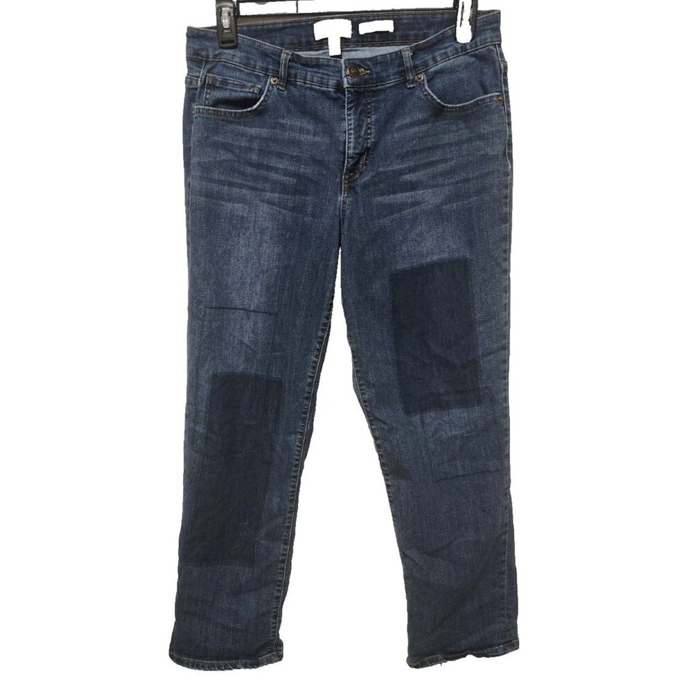 LOGO Lori Goldstein Womens 12 Indigo Patchwork Cotton-blend Boyfriend Jeans Boho